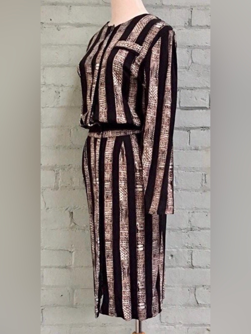 Striped Black and Beige Long Sleeve Women’s Dress